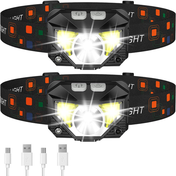 2er-Pack ultrahelle wiederaufladbare LED-Stirnlampe, wasserdicht und mit Bewegungssensor