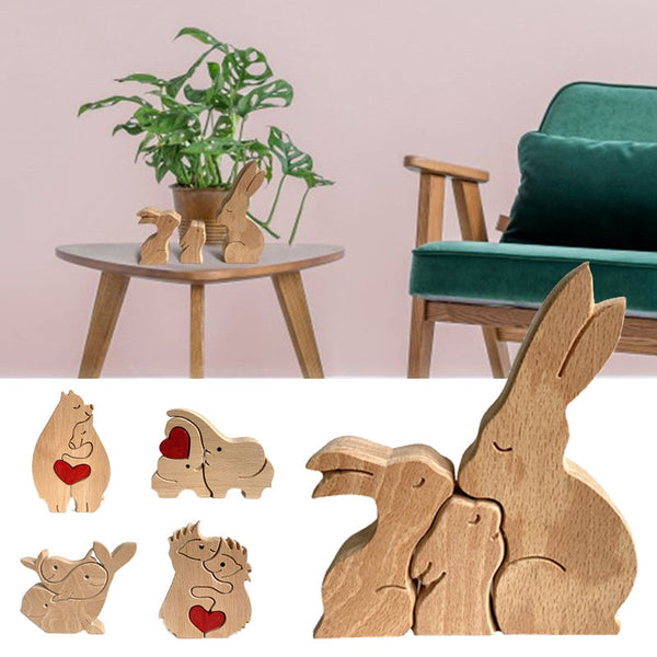 Décoration de famille d'animaux mignons, figurine puzzle en bois