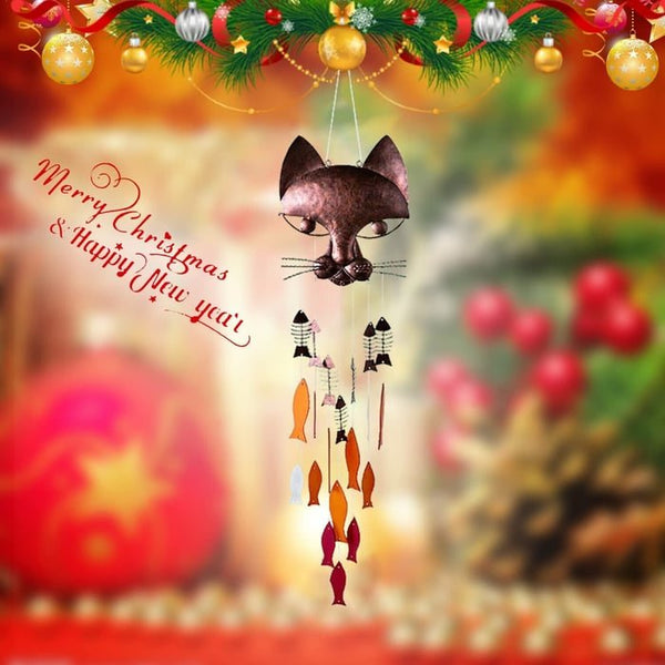 🐱Handgefertigtes Windspiel aus Metall mit Katze und Fisch🎏 